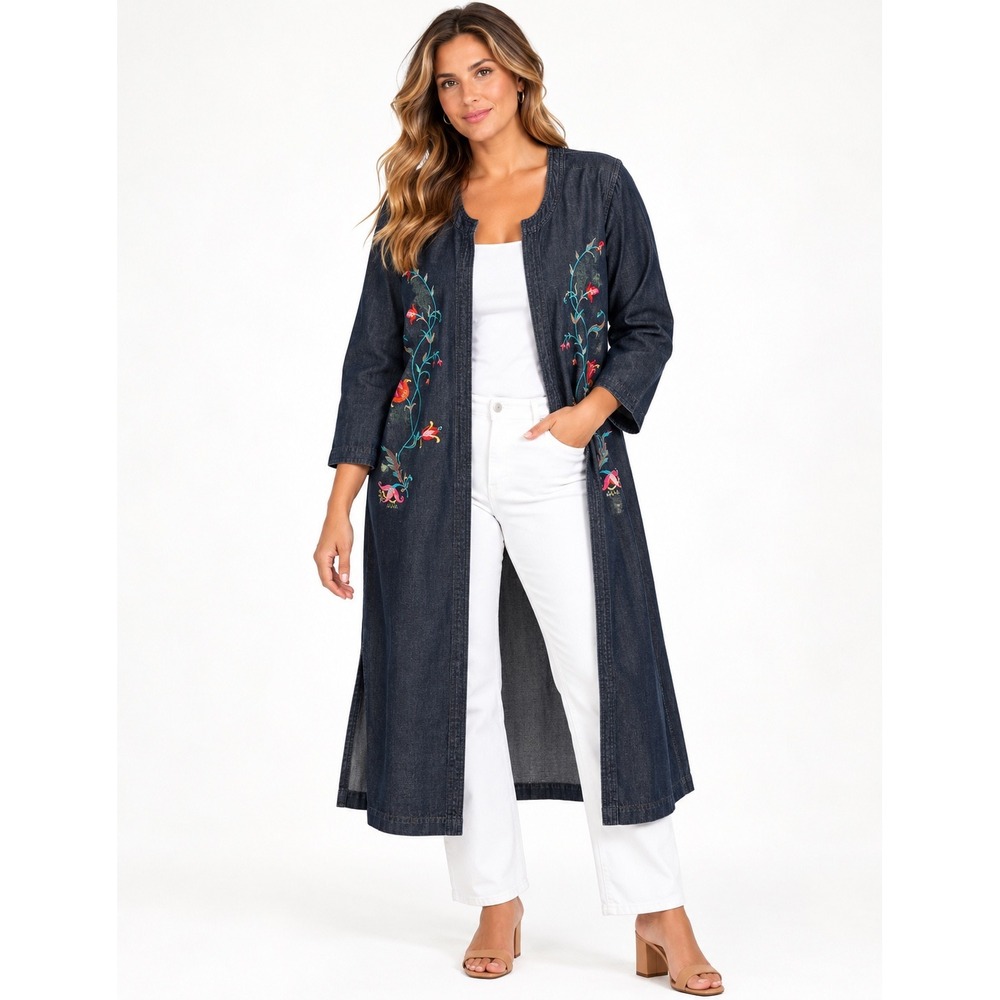 Denim & Co Womens 1X Embroidered Floral Duster Jacket Black Denim Longline Coat